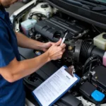 Mechanic inspecting a car's engine compartment during a service.