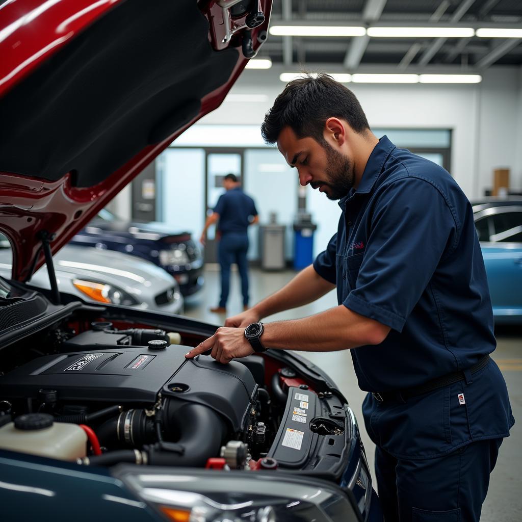 Mechanic working on a car engine in a Dallas auto repair shop