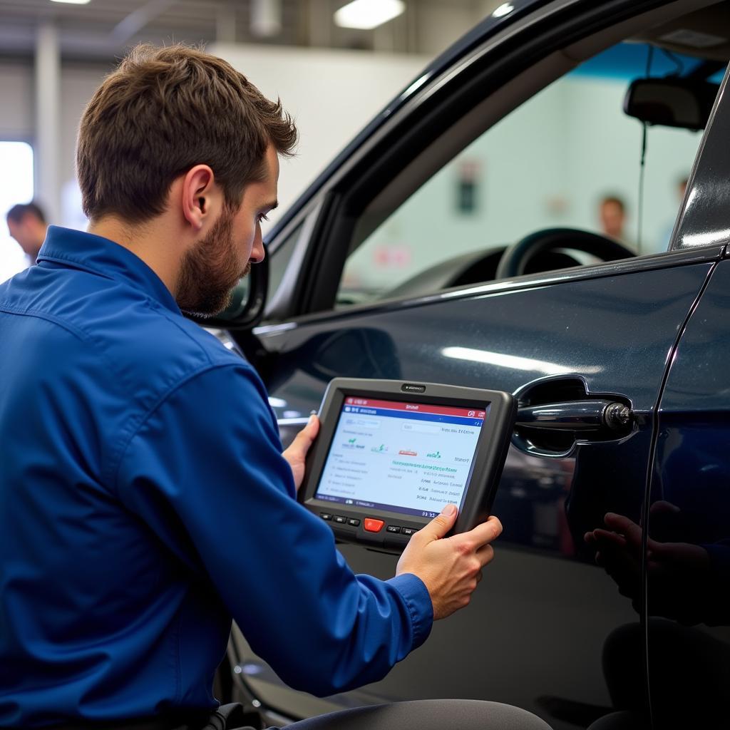 Mechanic using diagnostic tools in a Madison, SD car service center