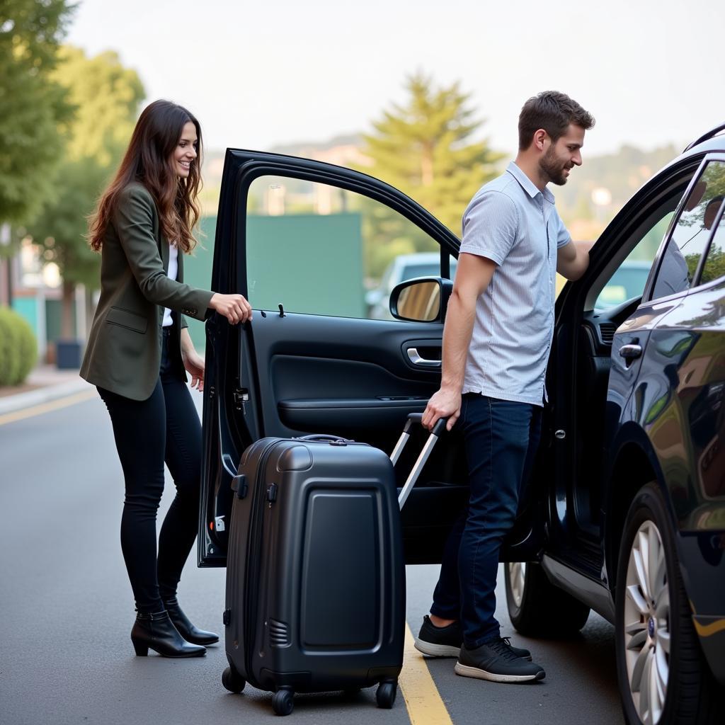 Car service driver assisting with luggage