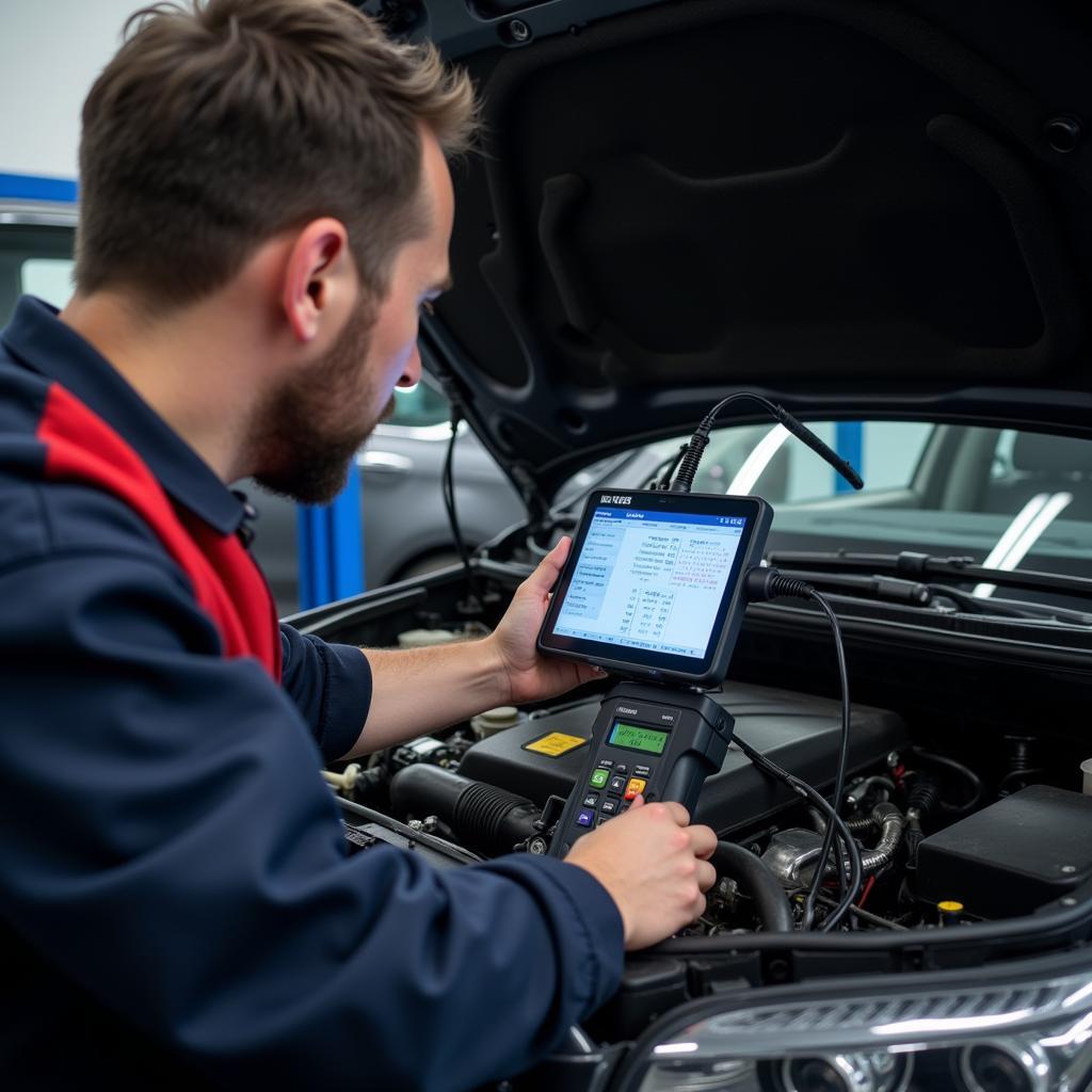 Car service technician performing engine diagnostic in Dublin 6