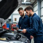 Mechanic Checking Car Engine During Service