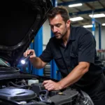 Mechanic checking engine compartment during car service