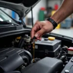 Mechanic Checking Engine Oil During Car Service