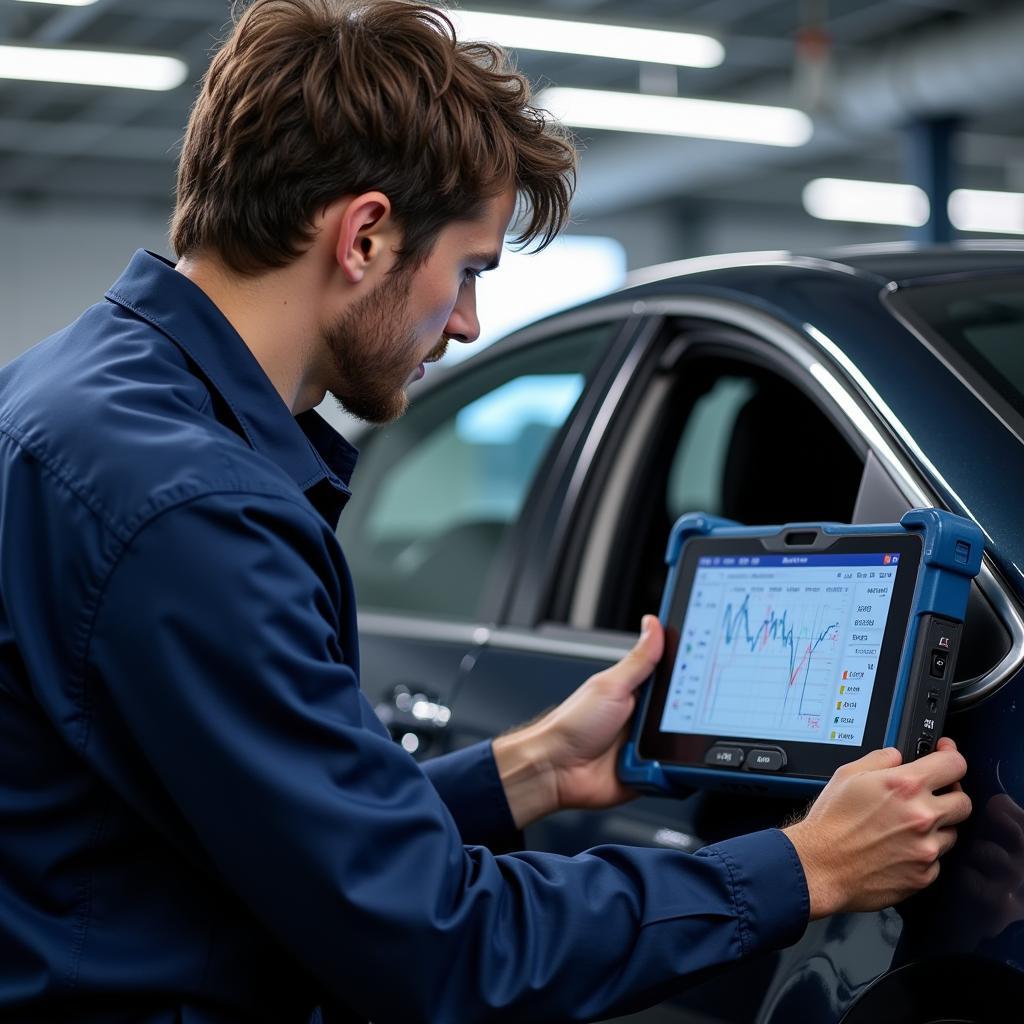 Car Service Engineer Diagnosing Vehicle Issues with Advanced Equipment