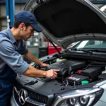 Technician checking car fluids