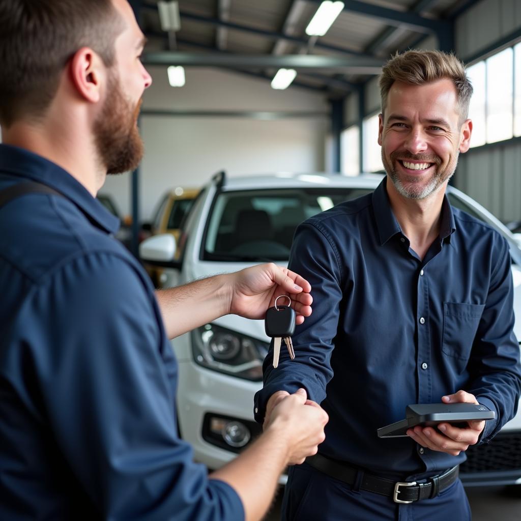 Customer Receiving Keys Back at Car Service Garage in Swansea