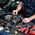 Mechanic working on a car engine, demonstrating the hourly labor cost involved in car servicing.