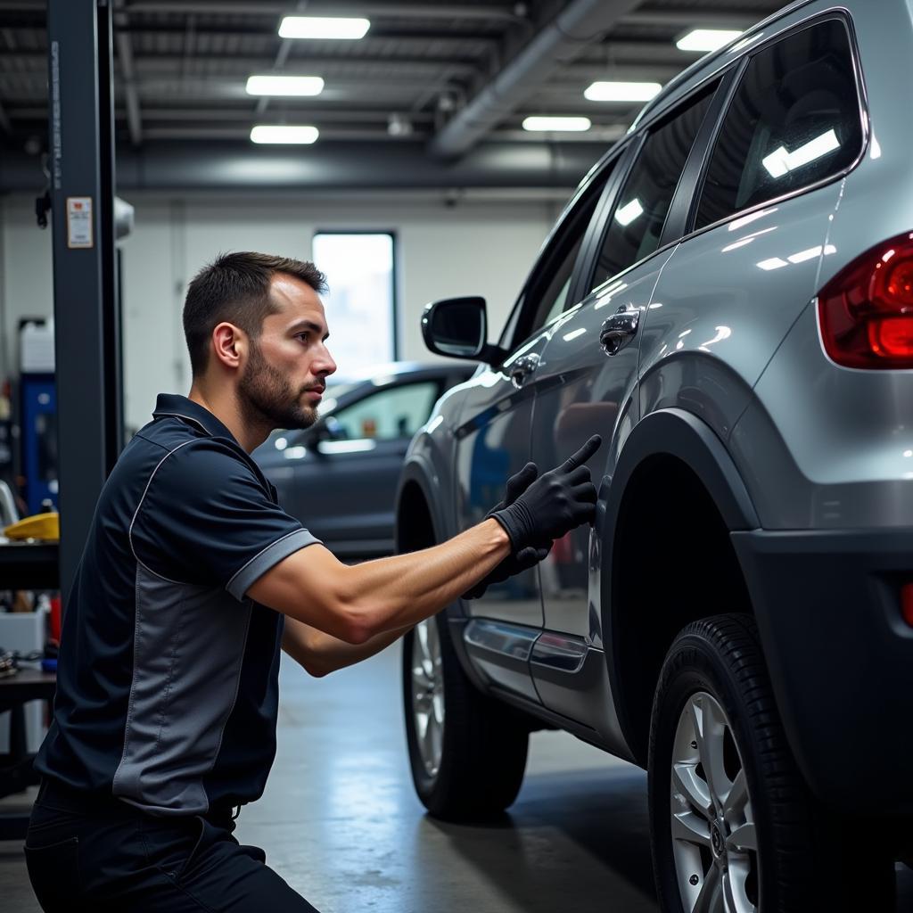 Car being serviced by a mechanic in a professional auto repair shop.