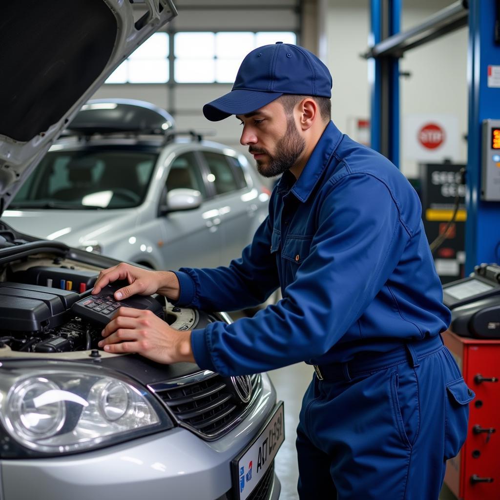 Mechanic working on a car in a Madrid garage