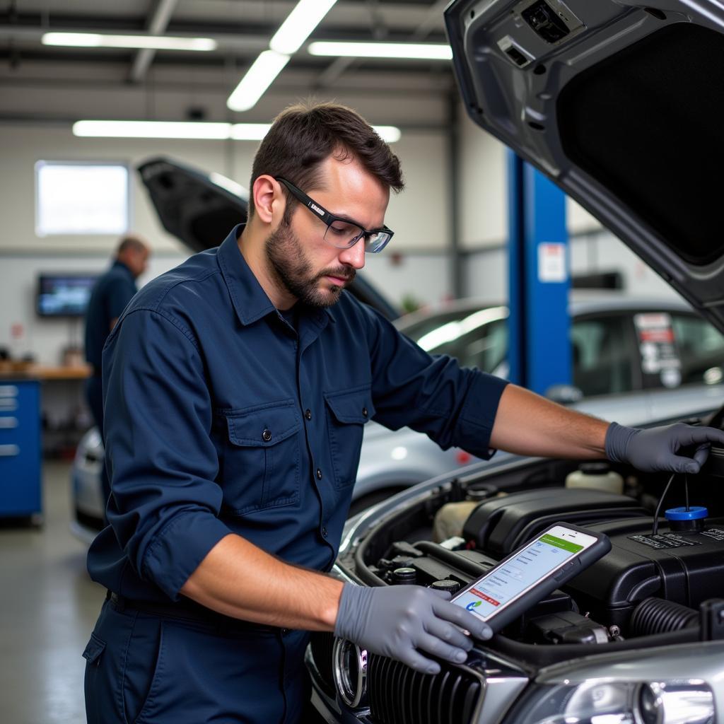 Mechanic working on a car in a Manchester garage