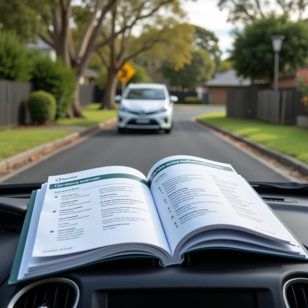 Car service manual open on a car dashboard in Australia