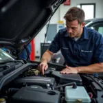 Car Service Mechanic Checking Engine