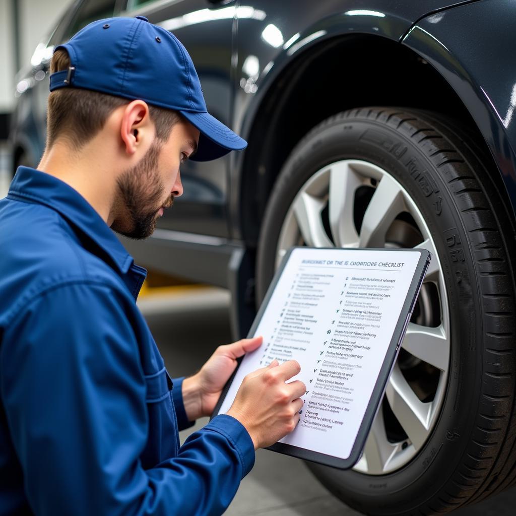 Mechanic Completing a Car Service Checklist