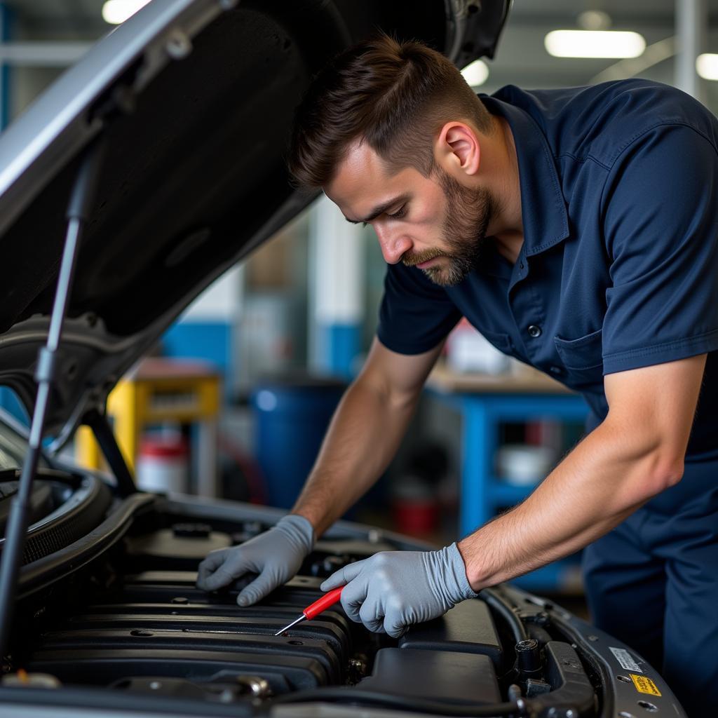 Car Service Mechanic Working on Engine