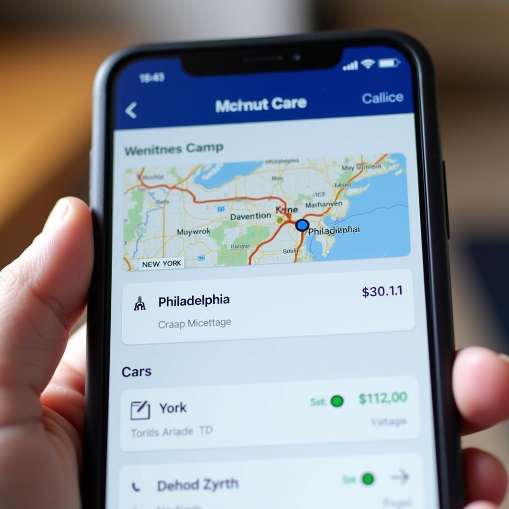 Booking a car service from New York to Philadelphia using a mobile app