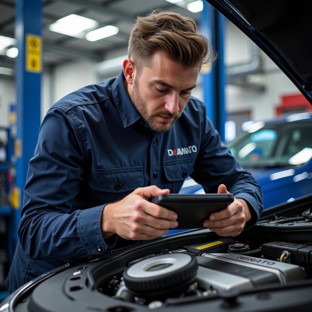 Mechanic Checking Engine in Newport Gwent Car Service Center