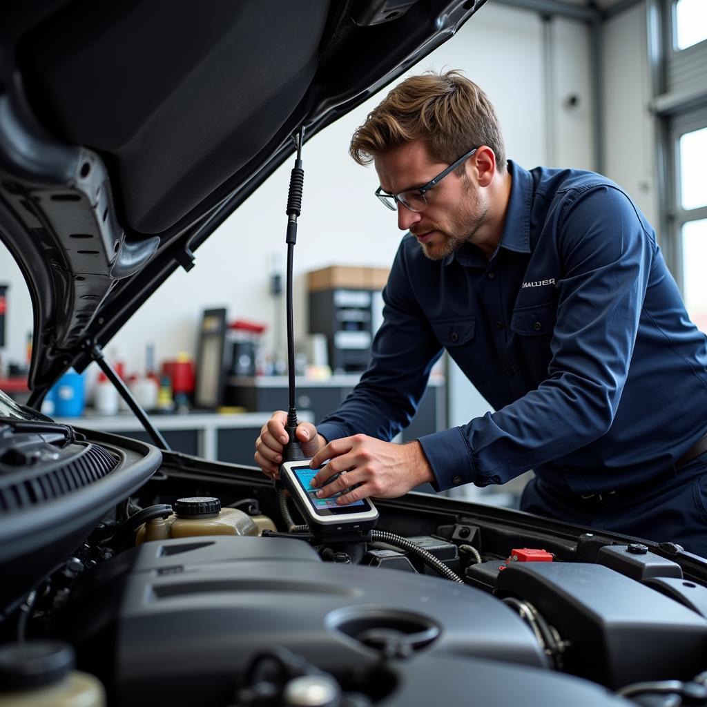 Car Service Technician in Poole Checking Engine