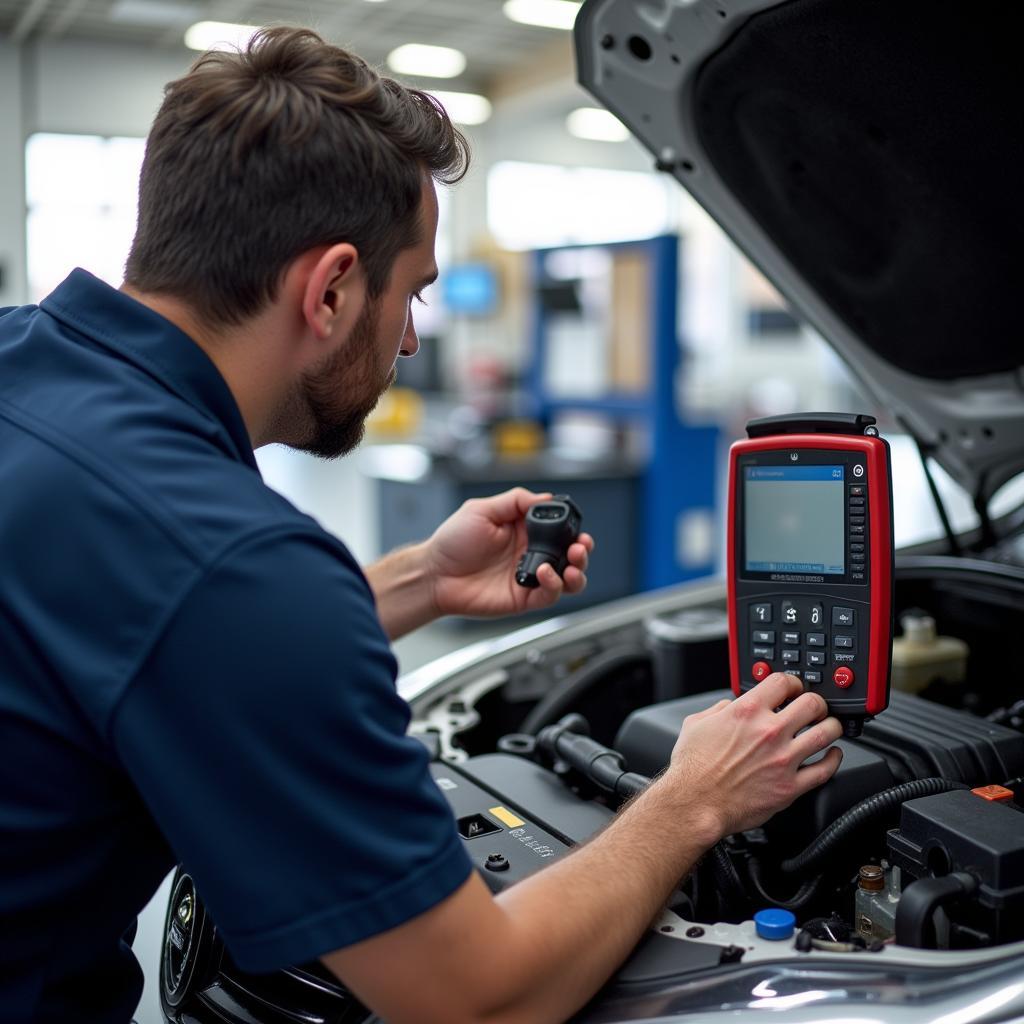 Mechanic performing diagnostics on a car in Radcliffe