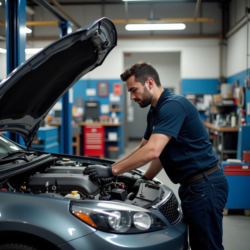 Mechanic Working on a Car Engine in a Repair Shop