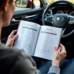 Checking the car service schedule in the owner's manual.