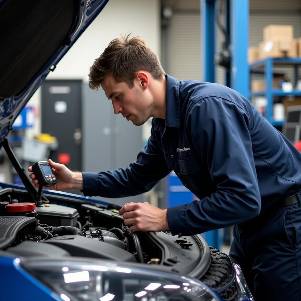 Mechanic inspecting a car in a South Yorkshire garage