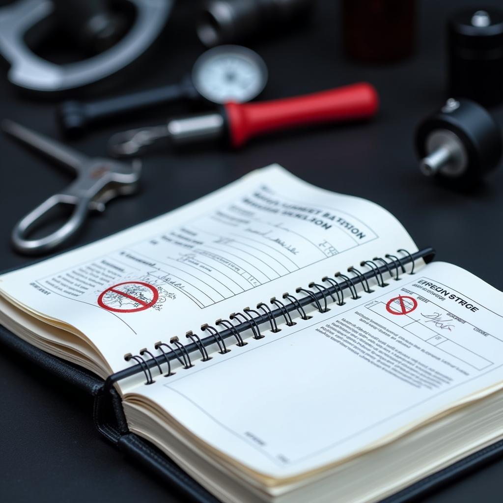 Car service record book stamped after maintenance.