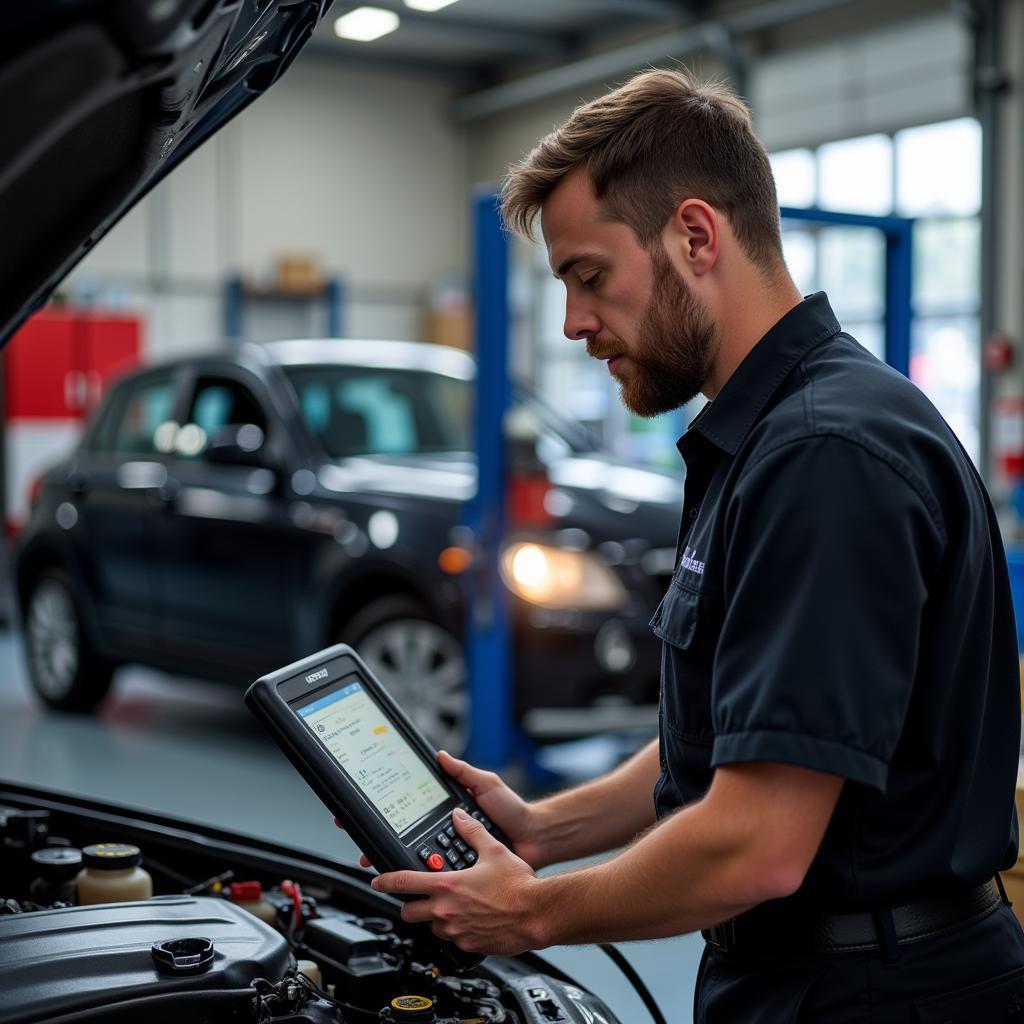 Experienced Car Service Technician Performing Diagnostics on a Vehicle in a Central Coast Garage