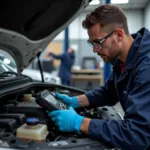 Car Service Technician Checking Engine