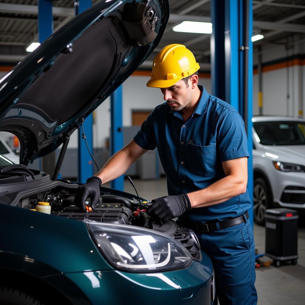 Car Service Technician Inspecting an Engine