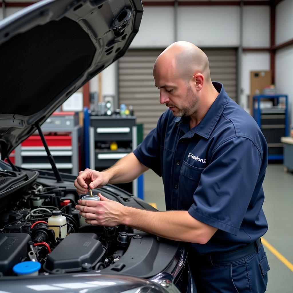 Car Service Technician Checking Fluids