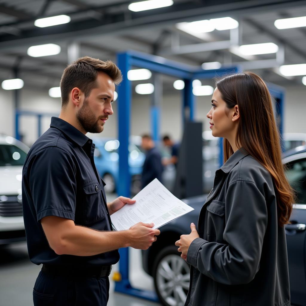 Car Service Technician Explaining Repair to Customer