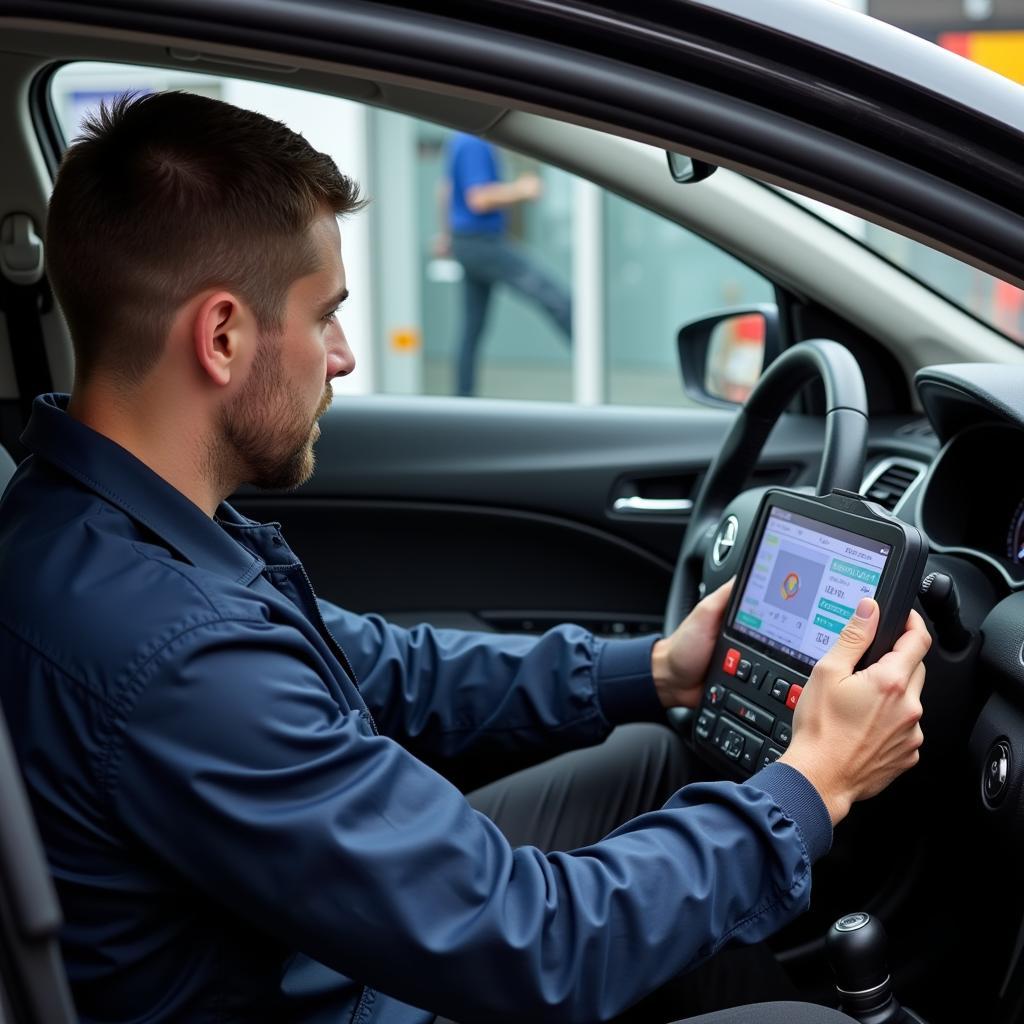 Car service technician performing diagnostics on a vehicle in Birmingham