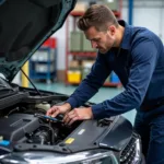 Car Service Technician Performing a Thorough Vehicle Inspection During a 6-Month Service