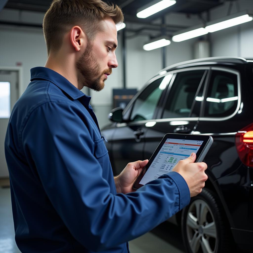 Car service technician using a digital tablet to diagnose a vehicle.