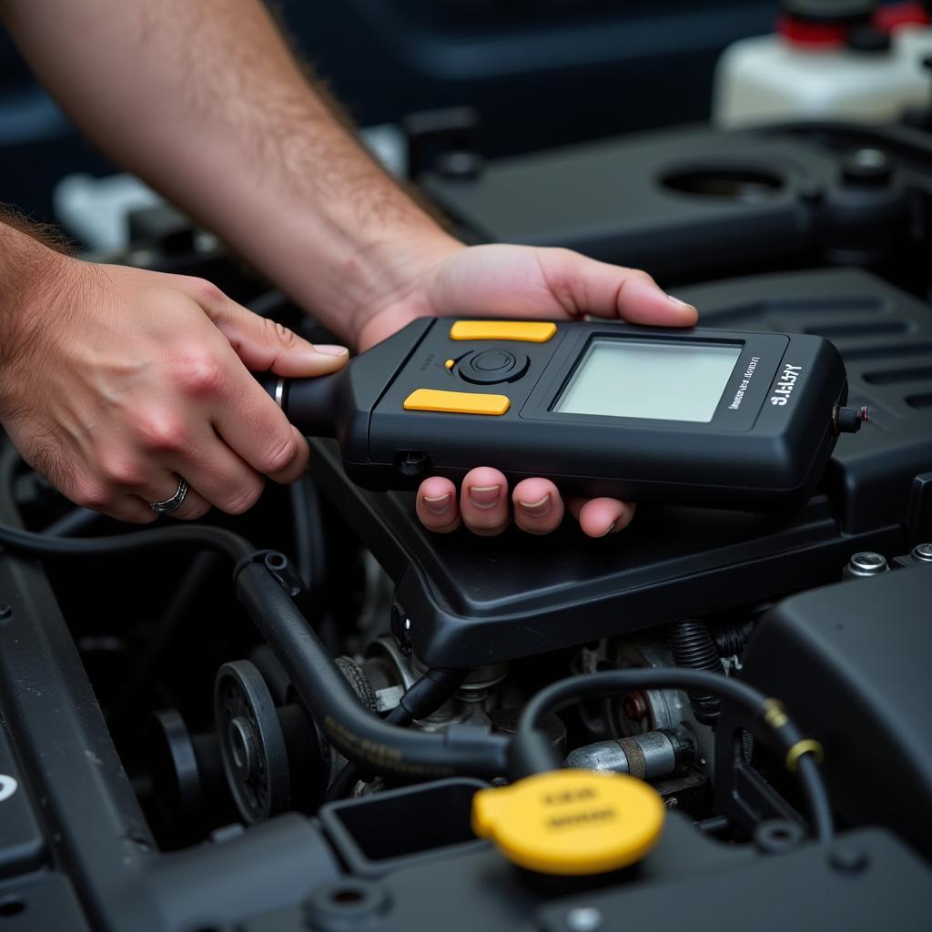 A certified car service technician working on a vehicle's engine using specialized tools.