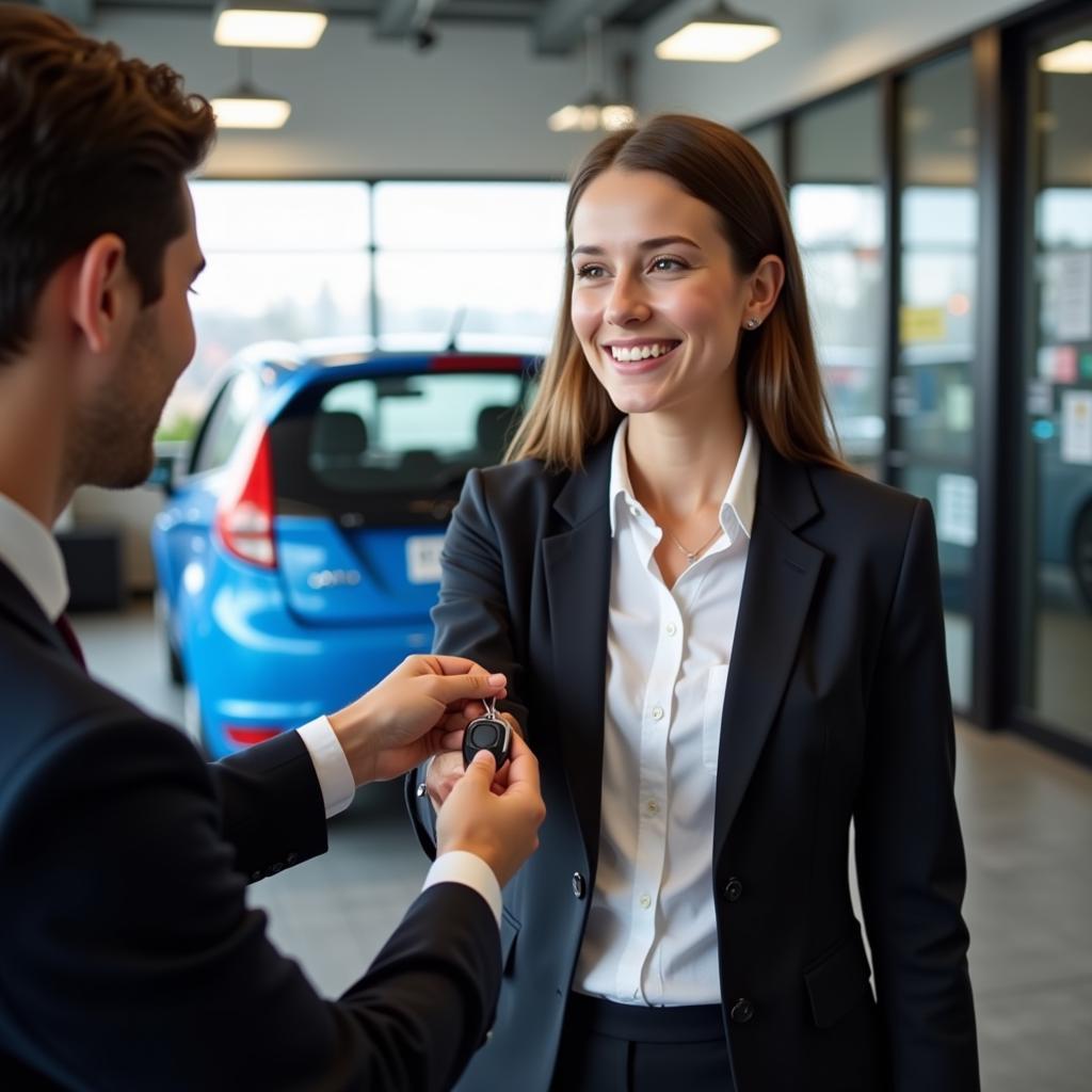 Happy customer receiving their car back from a Thane service center