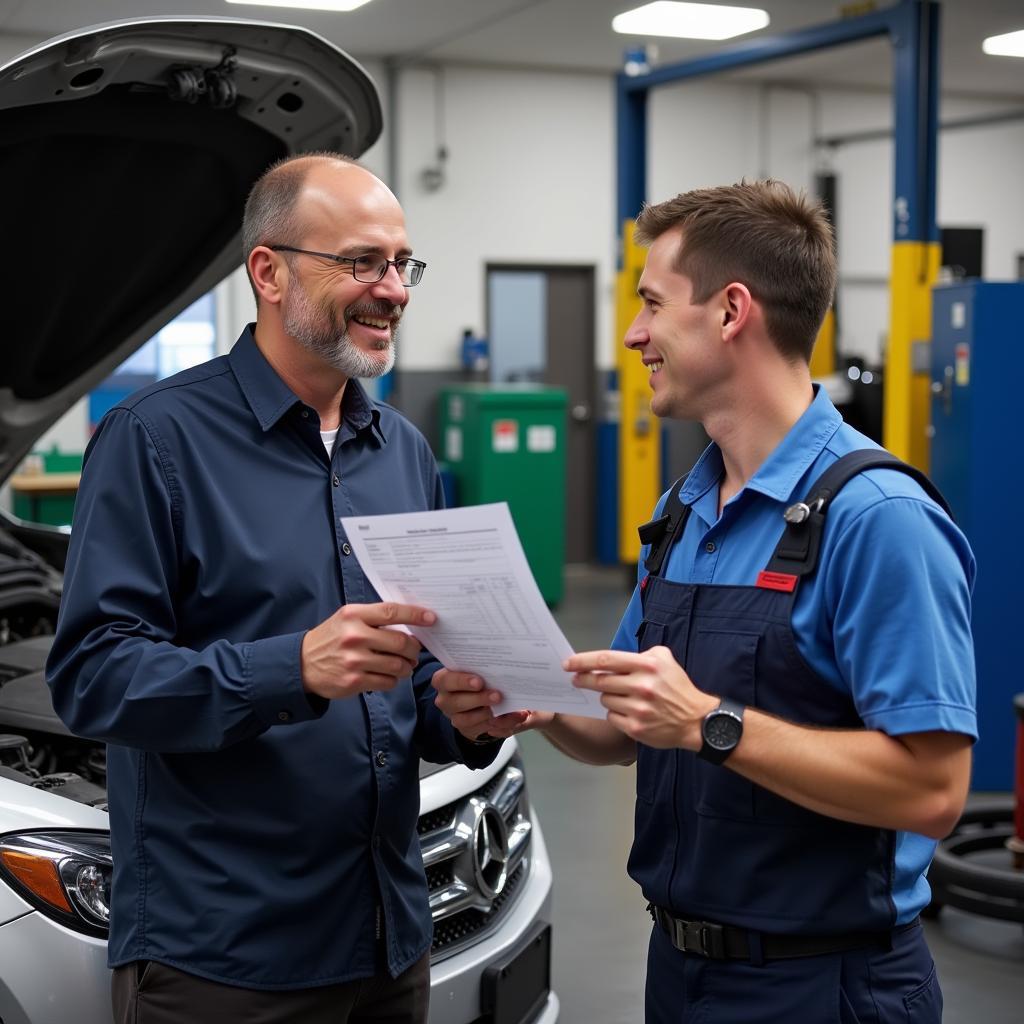 Customer discussing car repairs with a mechanic in Walsall