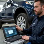 Mechanic Checking Wheel Alignment During Car Service