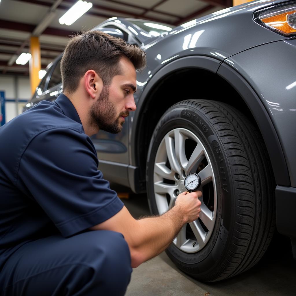 Mechanic Checking Tire Pressure and Tread Depth