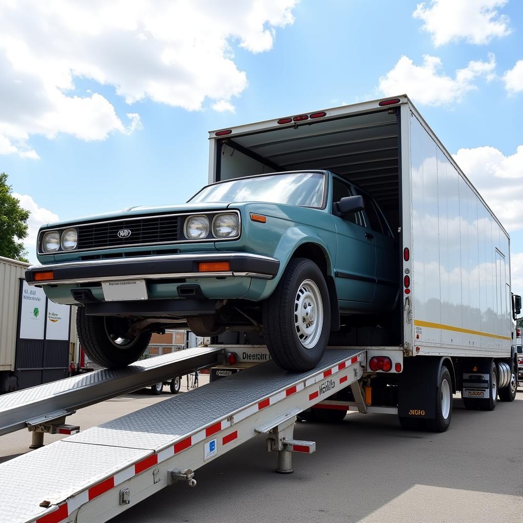 Car Transport Truck Loading a Vehicle onto its Trailer