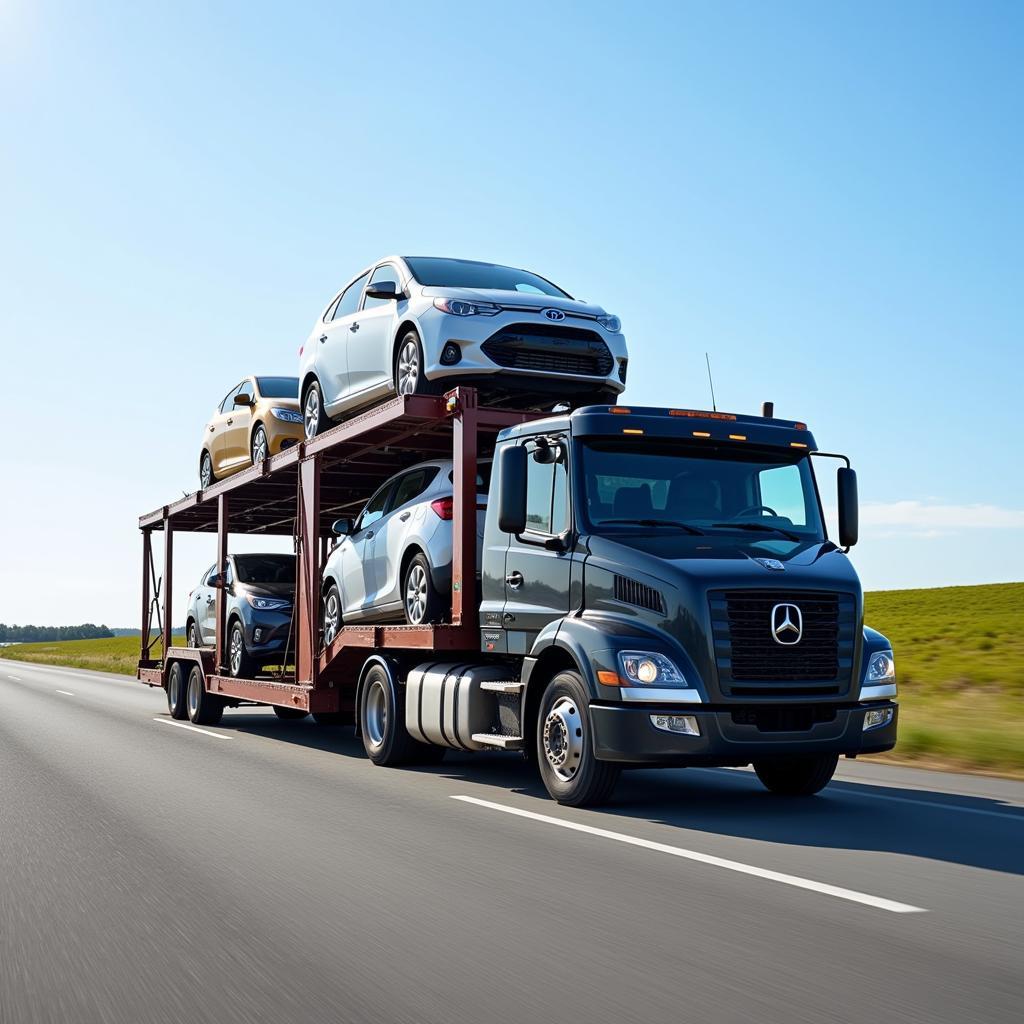 Car being transported on an open car carrier truck