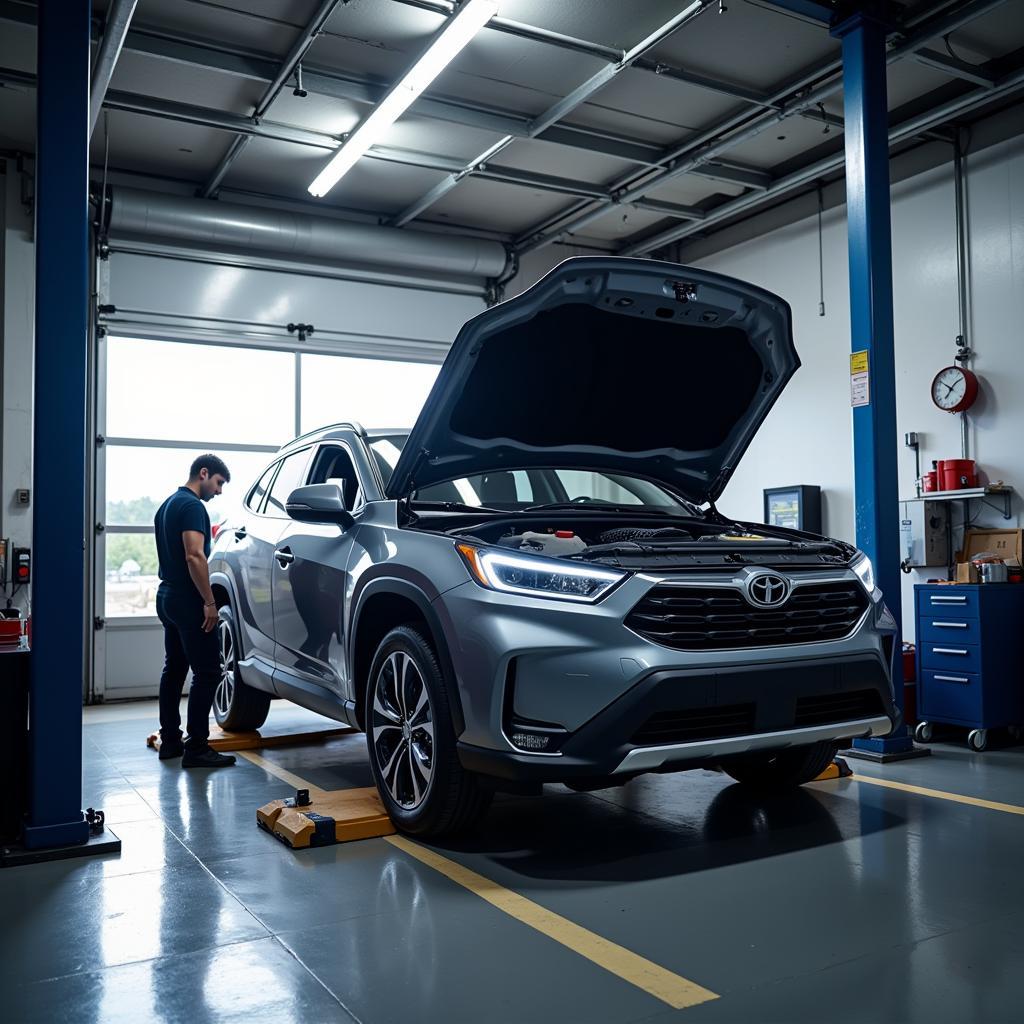 Car on a Lift in a Service Bay for Routine Maintenance