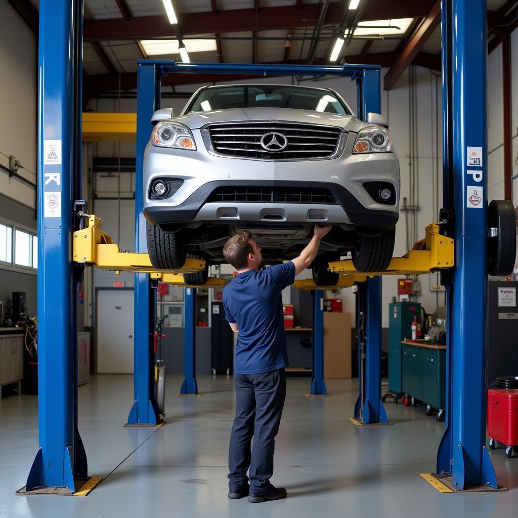 Car on a Lift Undergoing Routine Maintenance