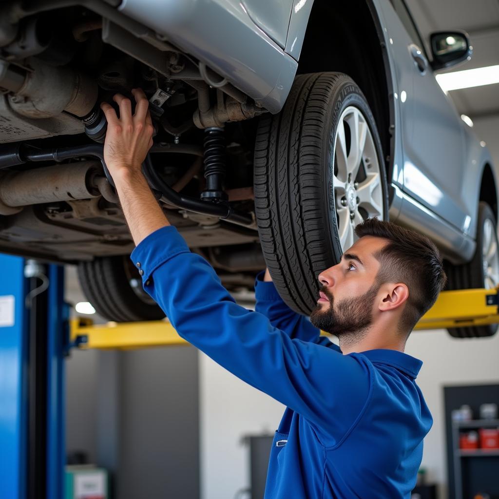 Car on a lift during routine service maintenance