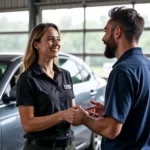 A car wash service writer greeting a customer with a smile