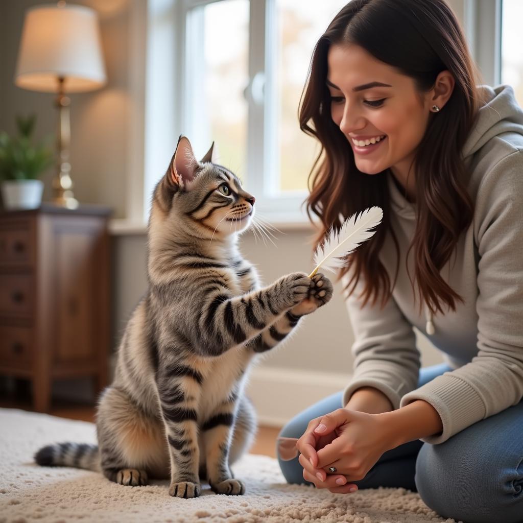 Cat Playing with Pet Sitter: A Happy Cat Interacting with a Caring Pet Sitter