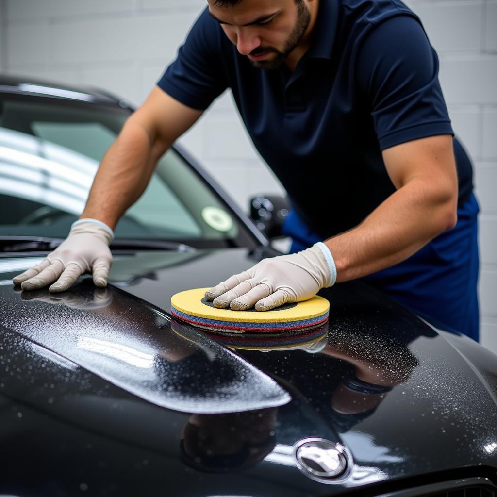 Professional Applying Ceramic Coating to Car