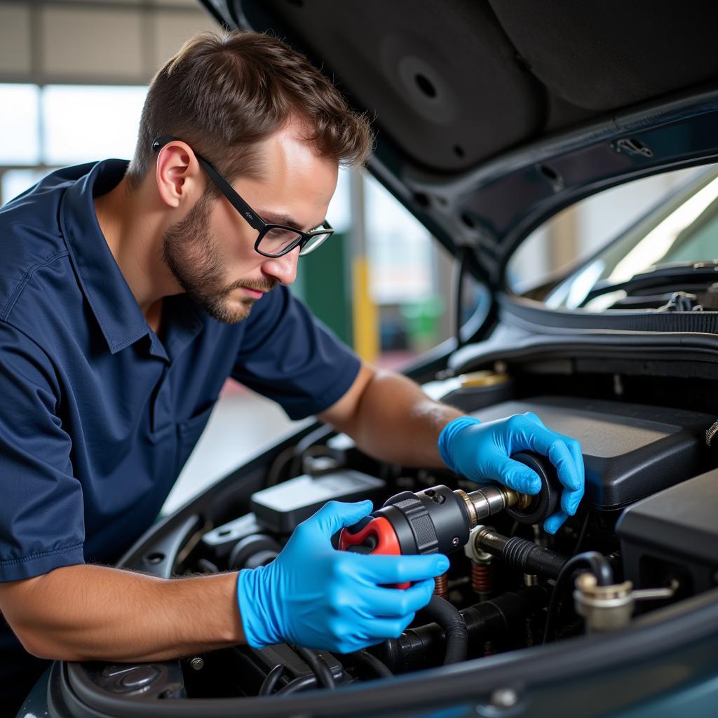 Certified Car AC Technician Performing Maintenance