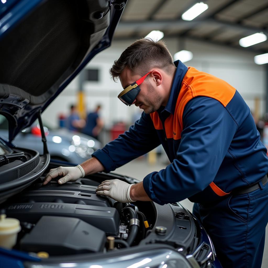 Certified Car Mechanic Working on Engine